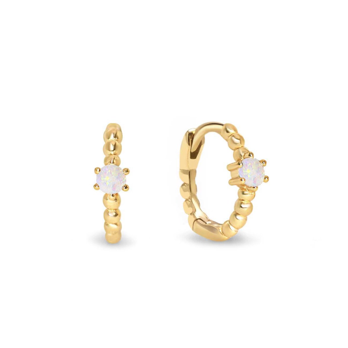 Gold vermeil beaded huggie hoops with a round white opal, front and angled views on a white background