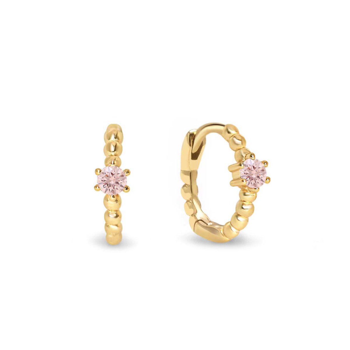 Gold vermeil beaded huggie hoops with a round pink sapphire, front and angled views on a white background
