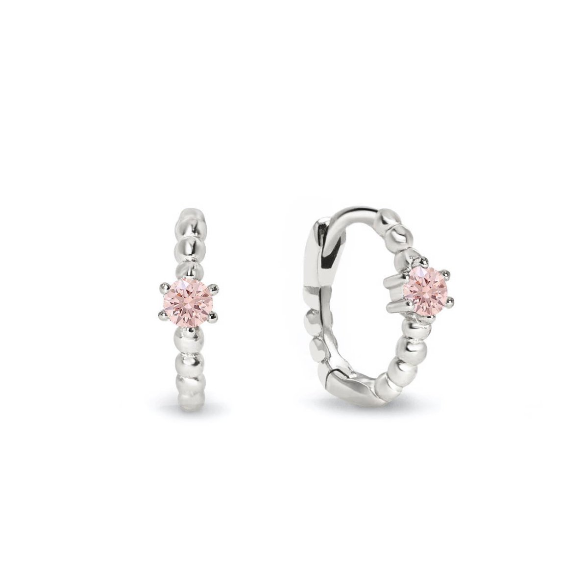 Sterling silver beaded huggie hoops with a round pink sapphire, front and angled views on a white background