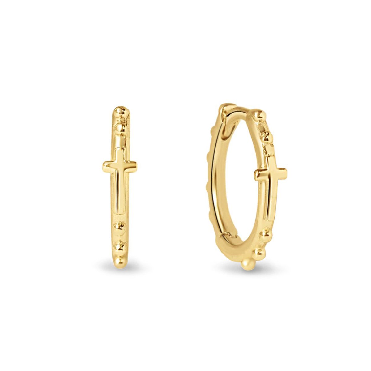 Gold vermeil beaded cross huggie hoops with a small cross detail, on a white background