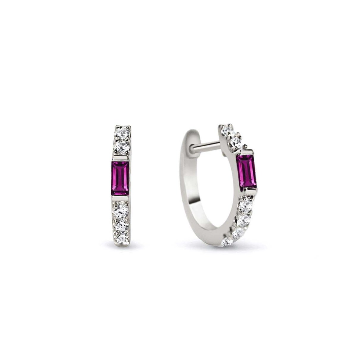 Sterling silver baguette huggie hoops with a ruby baguette and white zirconia, on a white background