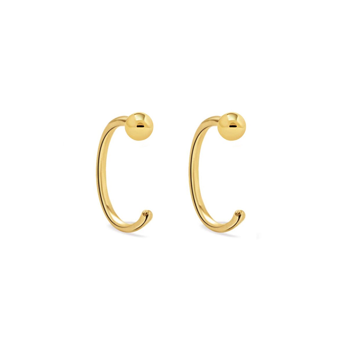 14K gold ball-end open hoop earrings with a polished bead, on a white background
