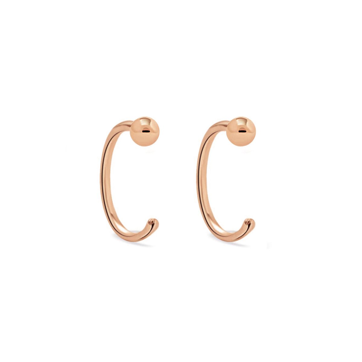 Rose gold vermeil ball-end open hoop earrings with a polished bead, on a white background