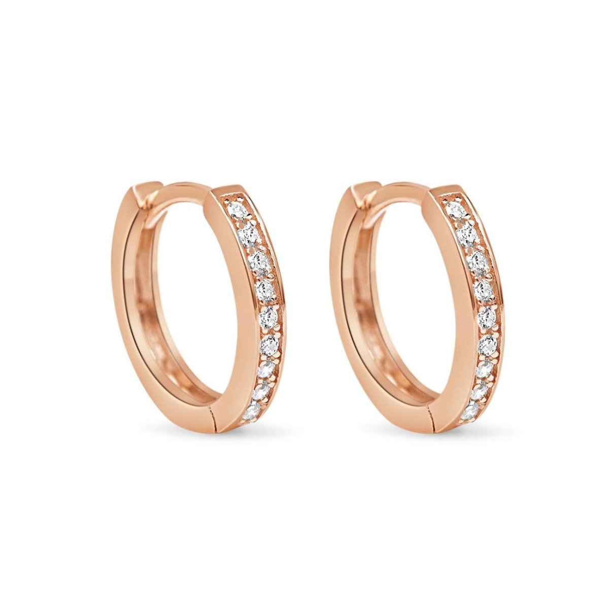 Pair of rose gold vermeil pave huggie hoops set with clear white zirconia, on a white background