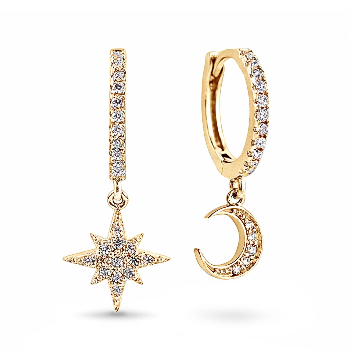 Gold vermeil pavé huggie hoops with dangling star and crescent moon charms, on a white background