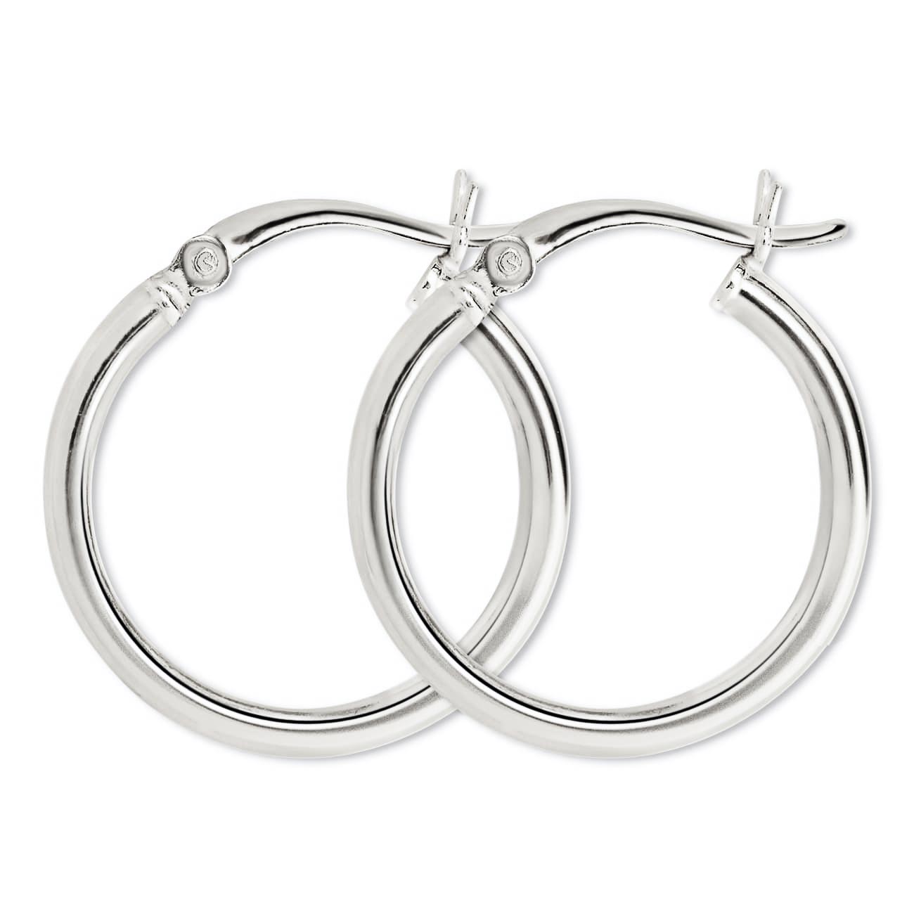 Sterling silver thin tube hoop earrings with hinged closures, on a white background