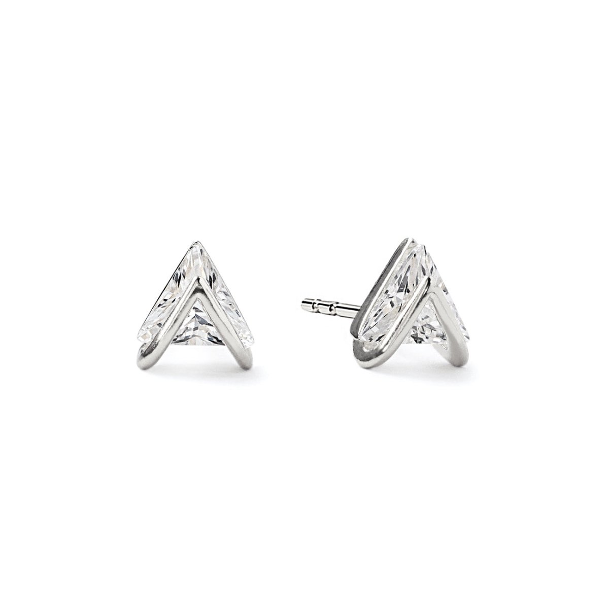 Sterling silver chevron studs with clear white zirconia, on a white background