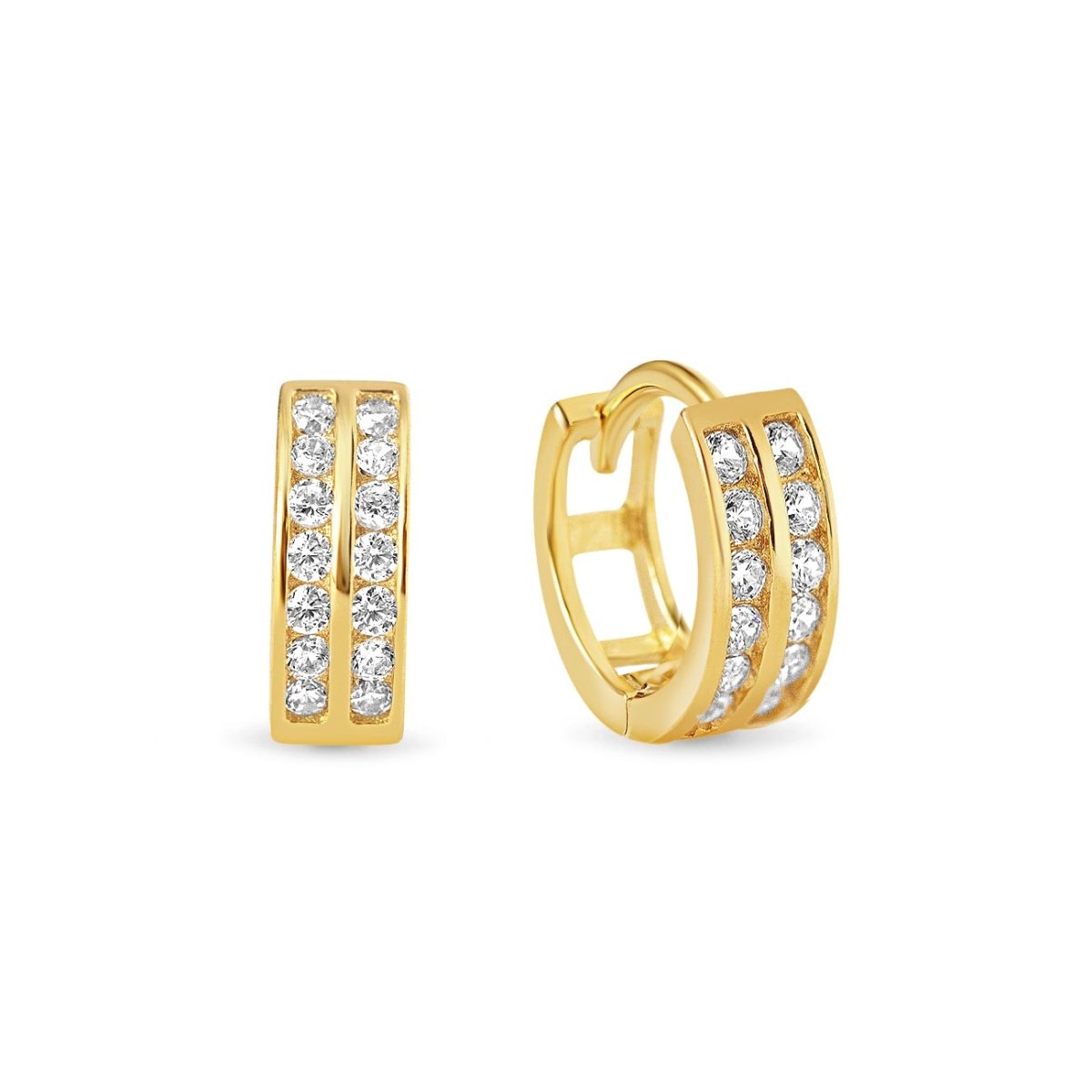 14K gold double row pavé huggie hoops with two rows of clear stones, on a white background