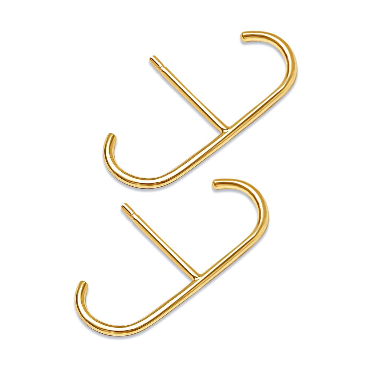 Pair of gold vermeil thin suspender threader earrings with curved ends, on a white background