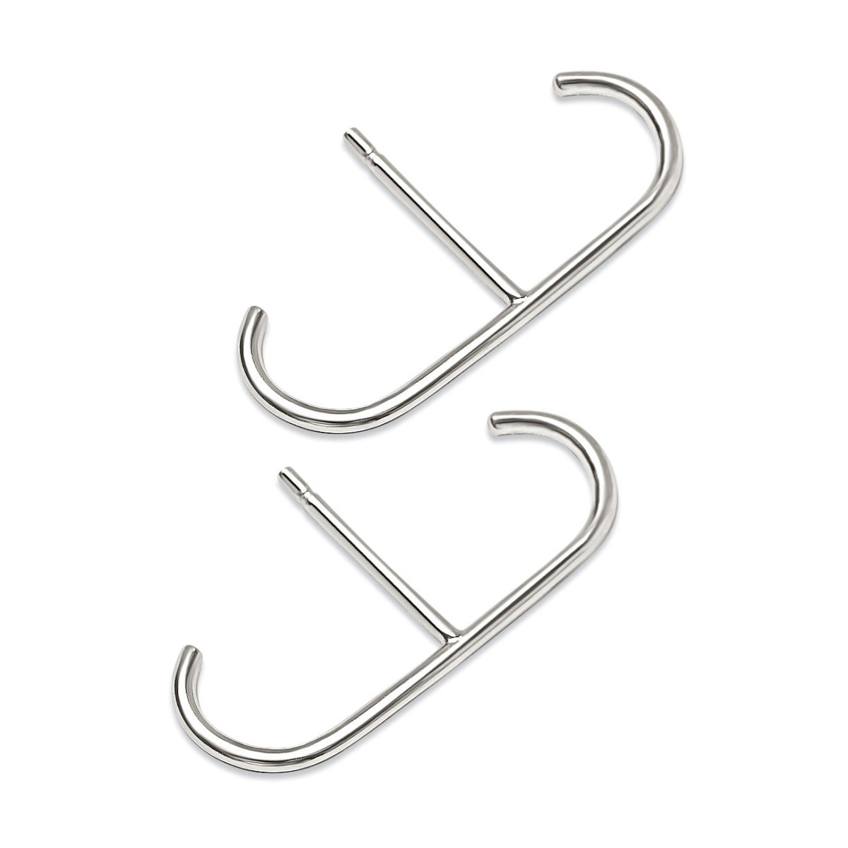 Pair of sterling silver thin suspender threader earrings with curved ends, on a white background