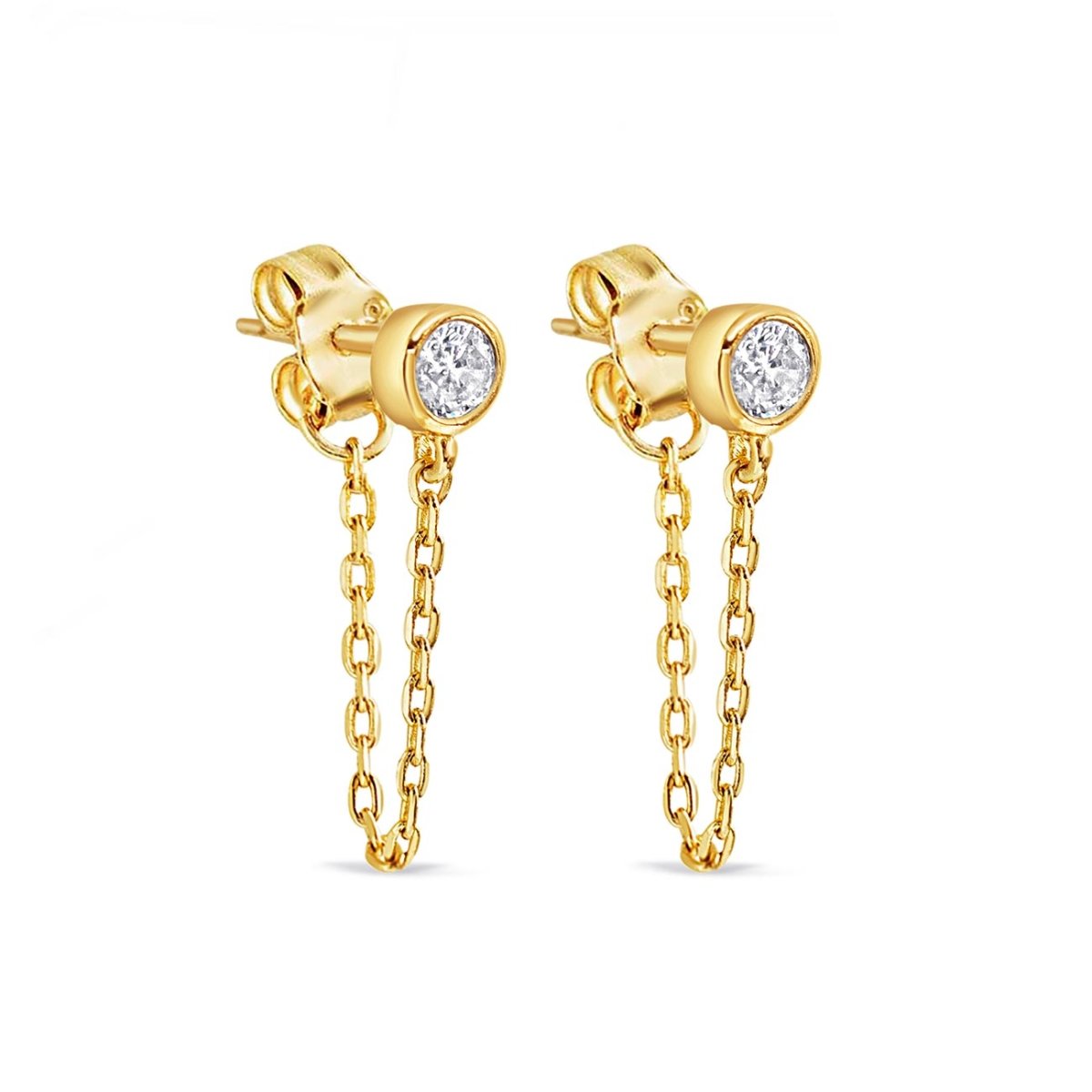 Gold vermeil bezel huggie earrings with a clear stud and a connecting chain, on a white background