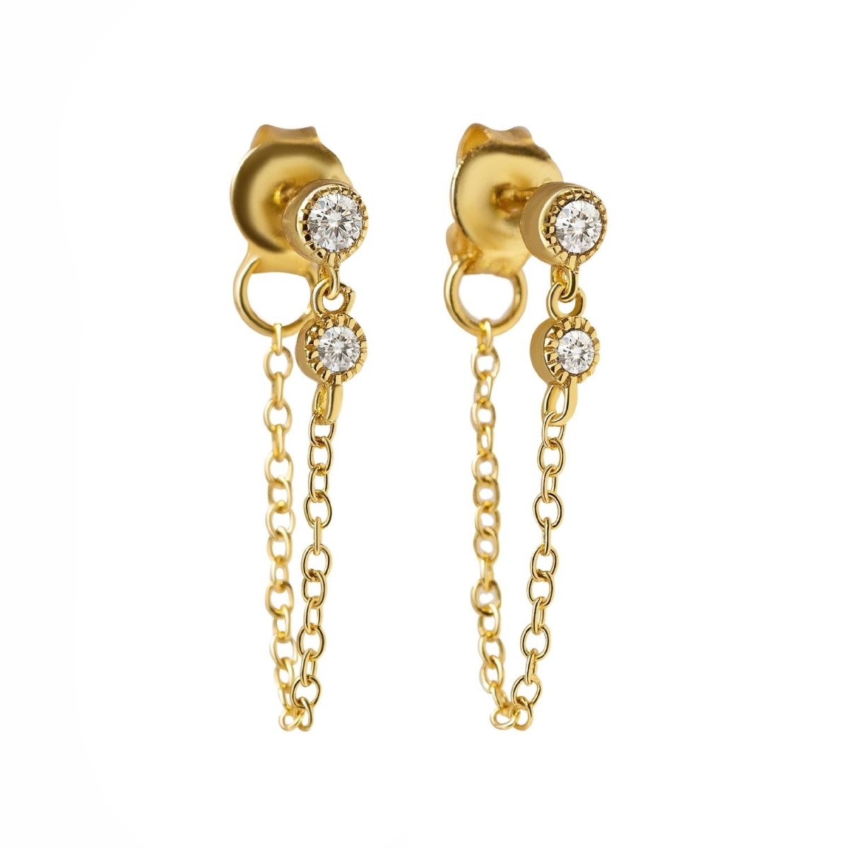 Pair of gold vermeil chain stud earrings with two bezel-set clear stones, on a white background