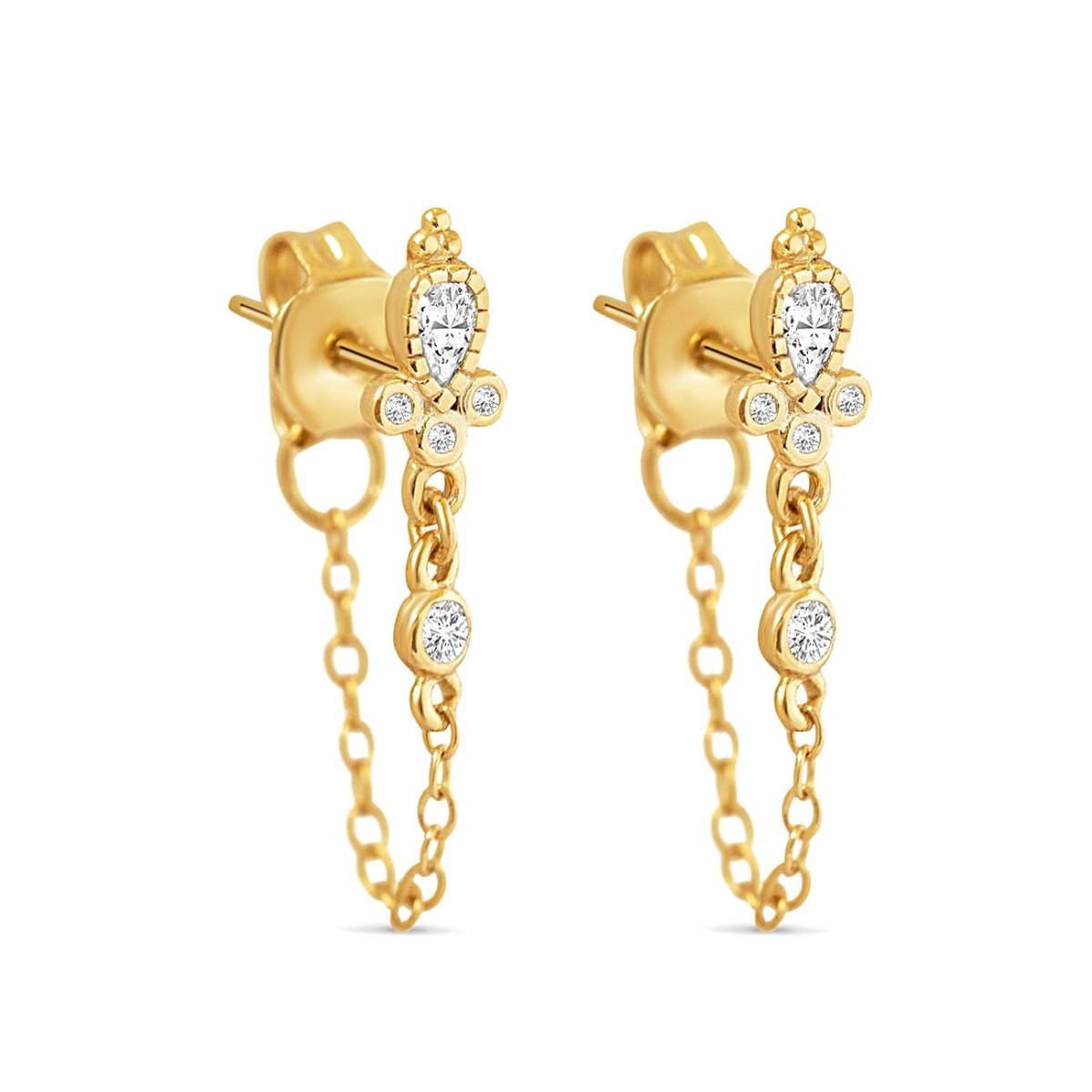 Gold vermeil chain-wrap stud earrings with pear and round white zirconia stones, on a white background