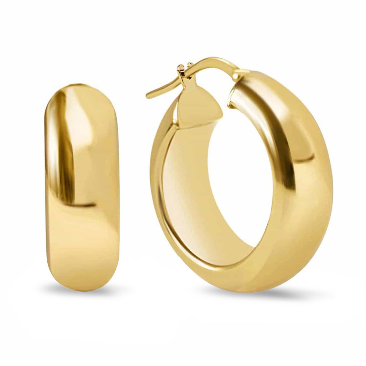 Gold vermeil chunky hoop earrings, front and side view on a white background