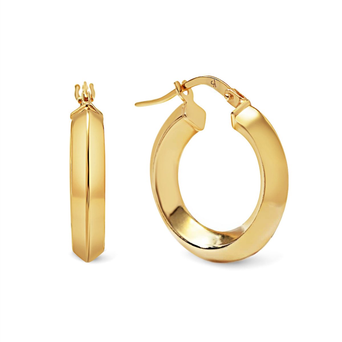 Gold vermeil mini hoop earrings with a flat ridged edge, front and side views on a white background