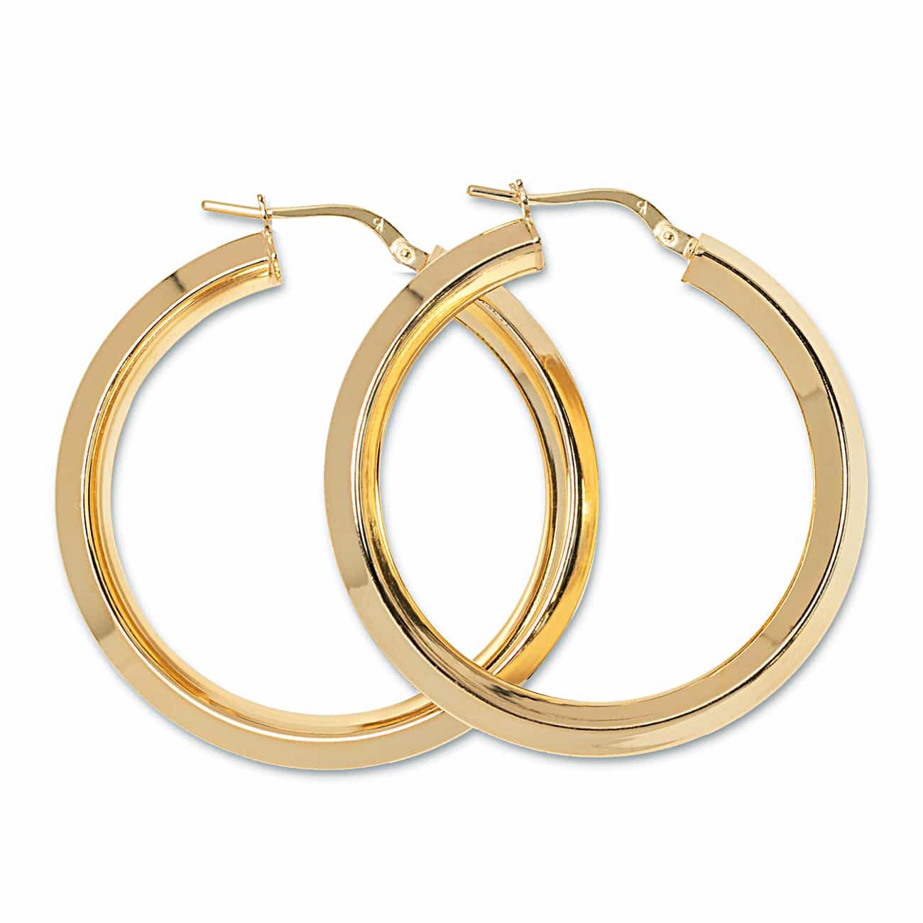 Gold vermeil beveled large hoop earrings with a flat squared profile, on a white background