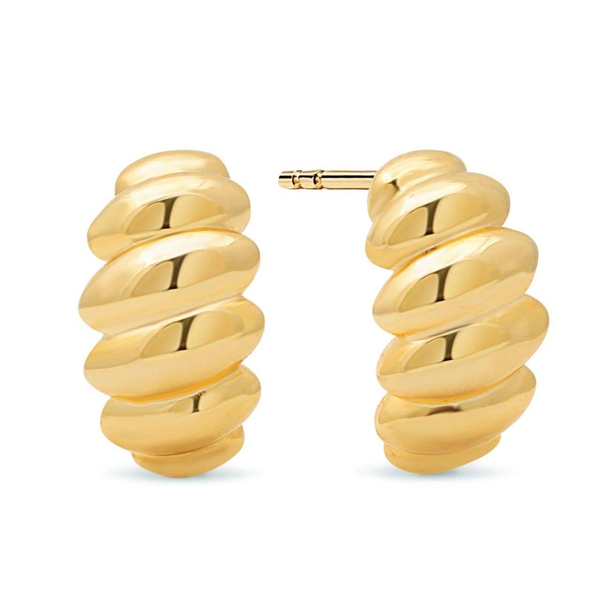 Gold vermeil croissant dome stud earrings with a twisted ridged half-hoop shape, on a white background