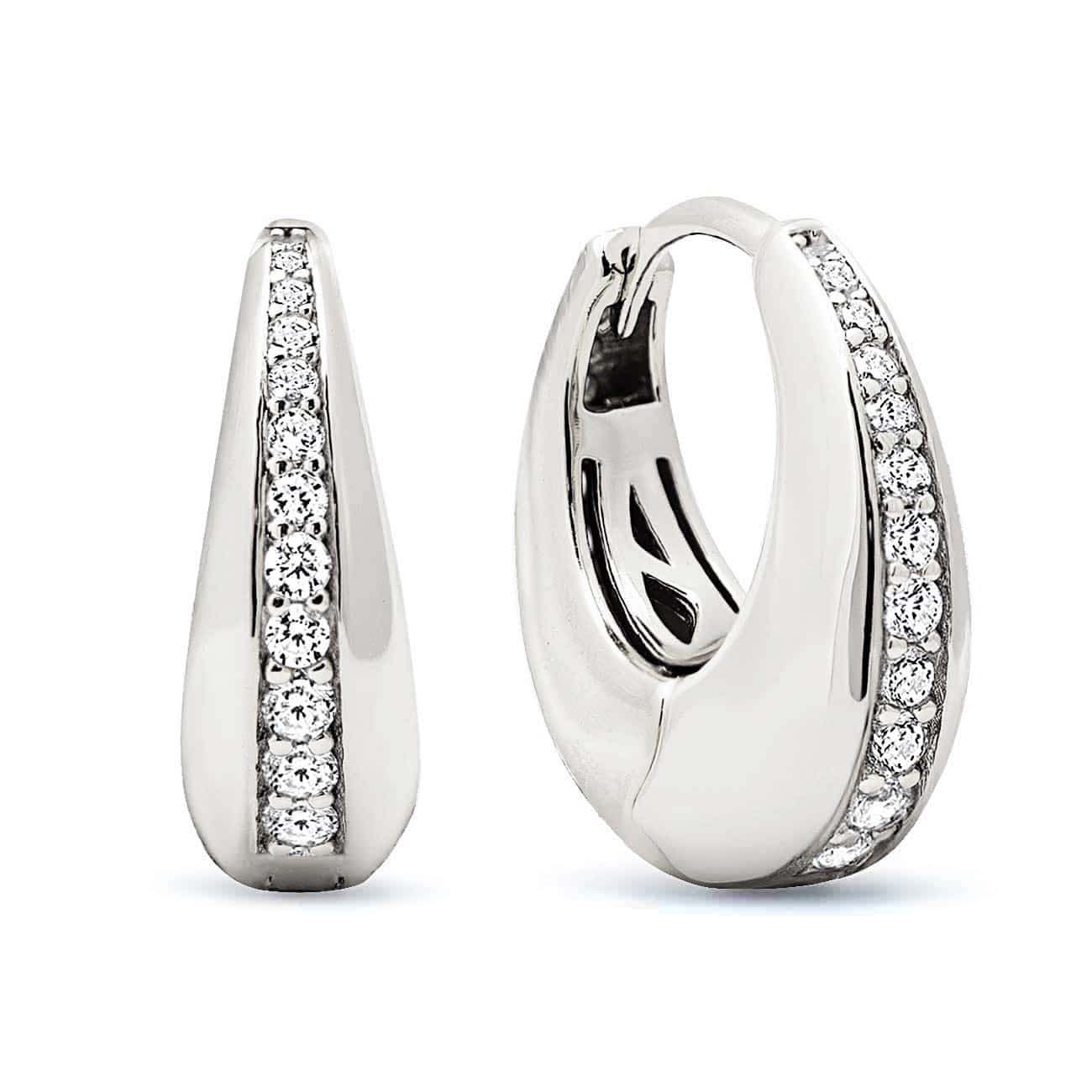 Sterling silver chunky huggie hoops with a pavé zirconia inlay, side and front view on a white background