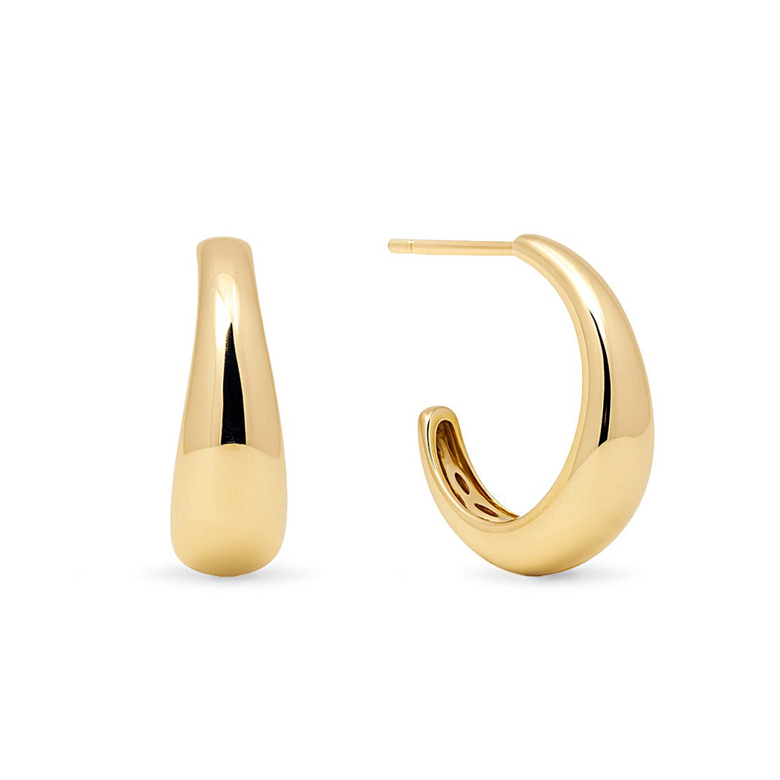 Gold vermeil tapered C-shaped open hoop earrings on a white background