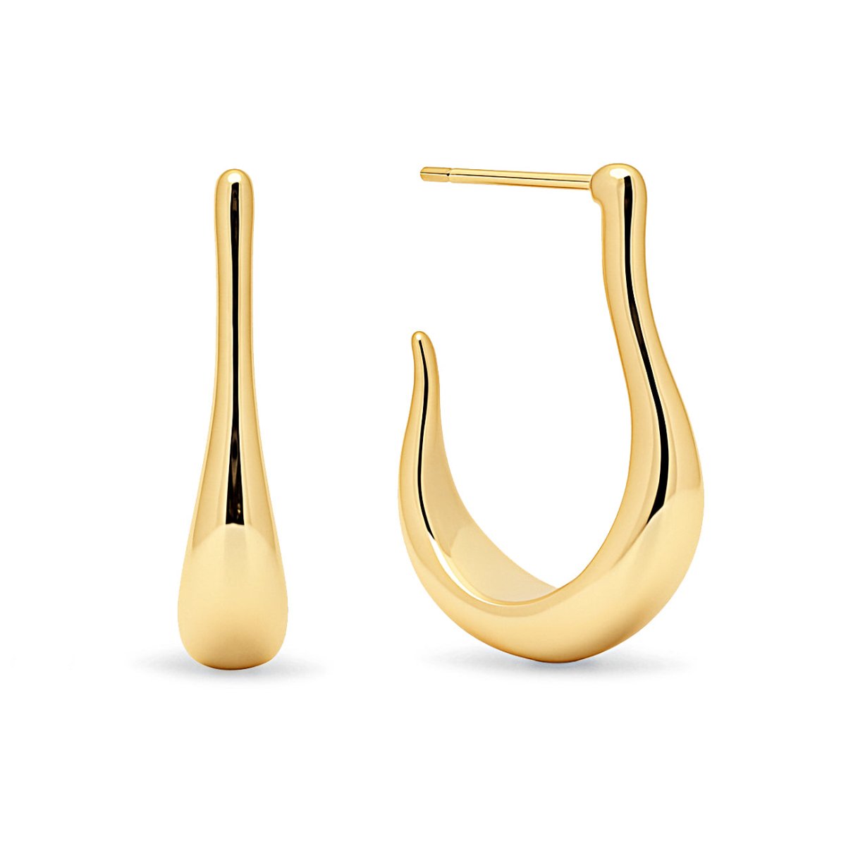Pair of gold vermeil sculptural J-hoop earrings with a tapered teardrop, on a white background