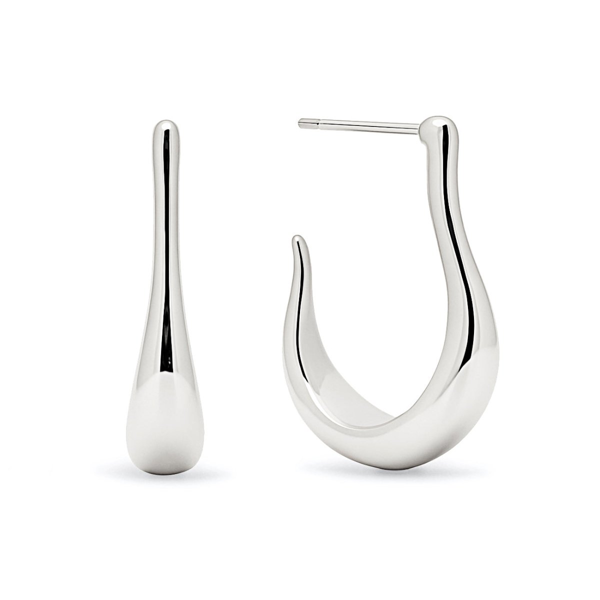 Pair of sterling silver sculptural J-hoop earrings with a tapered teardrop, on a white background