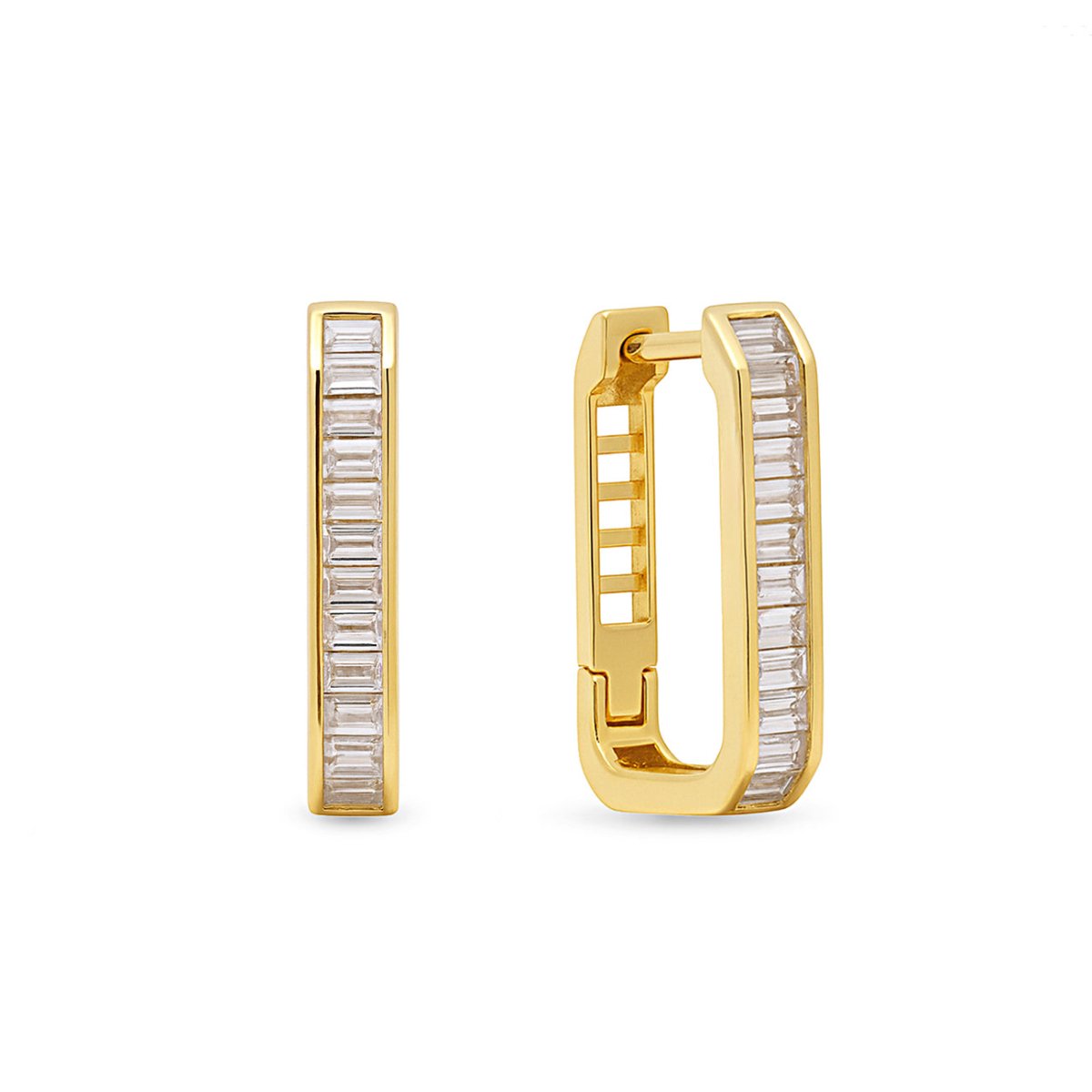 Gold vermeil channel-set baguette oval huggie hoops with clear stones, front and angled view on a white background