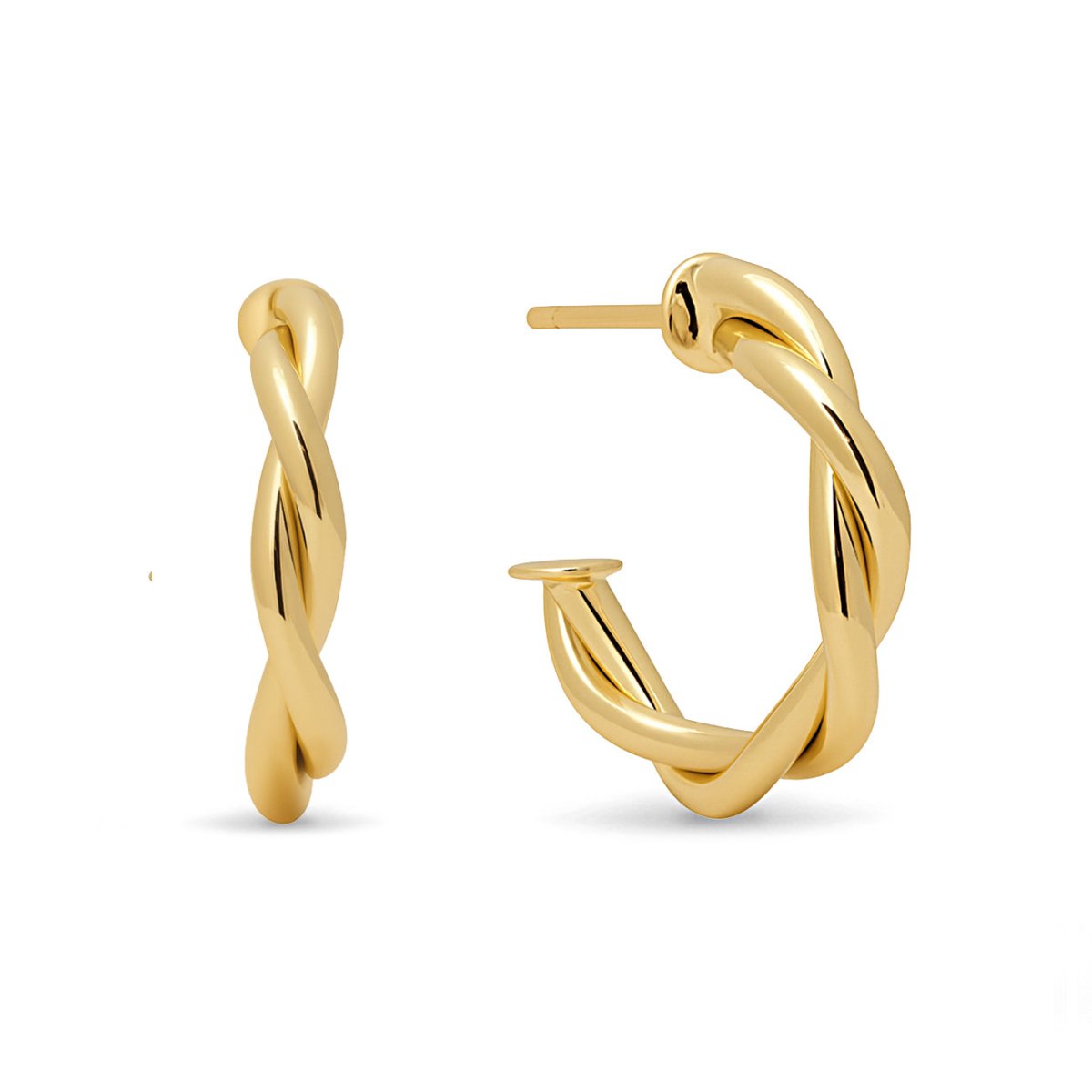 Gold vermeil twisted rope C-hoop earrings with post backs, side and front views on a white background