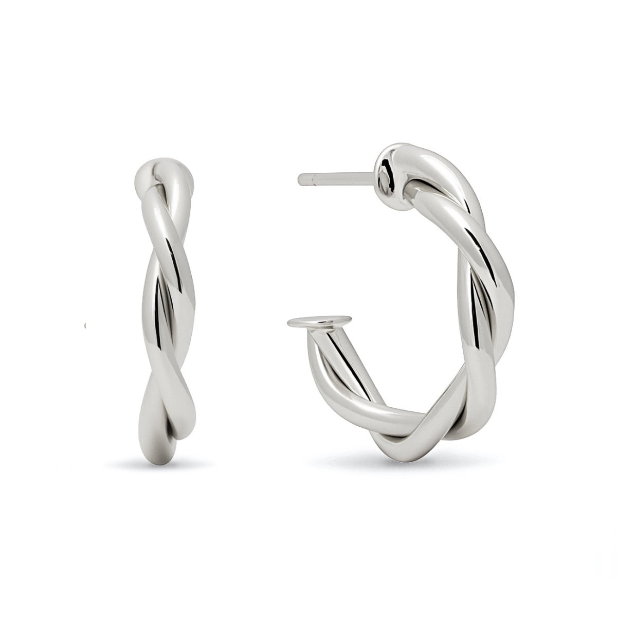 Sterling silver twisted rope C-hoop earrings with post backs, side and front views on a white background