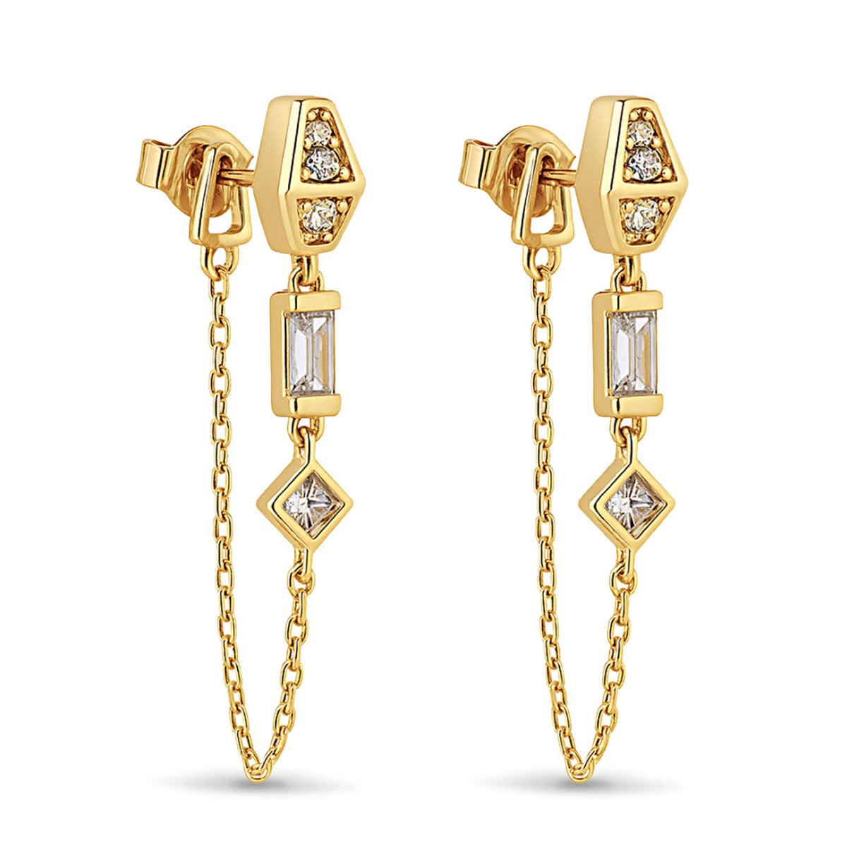 Gold vermeil stud earrings with baguette and square clear stones and a draped chain, on a white background