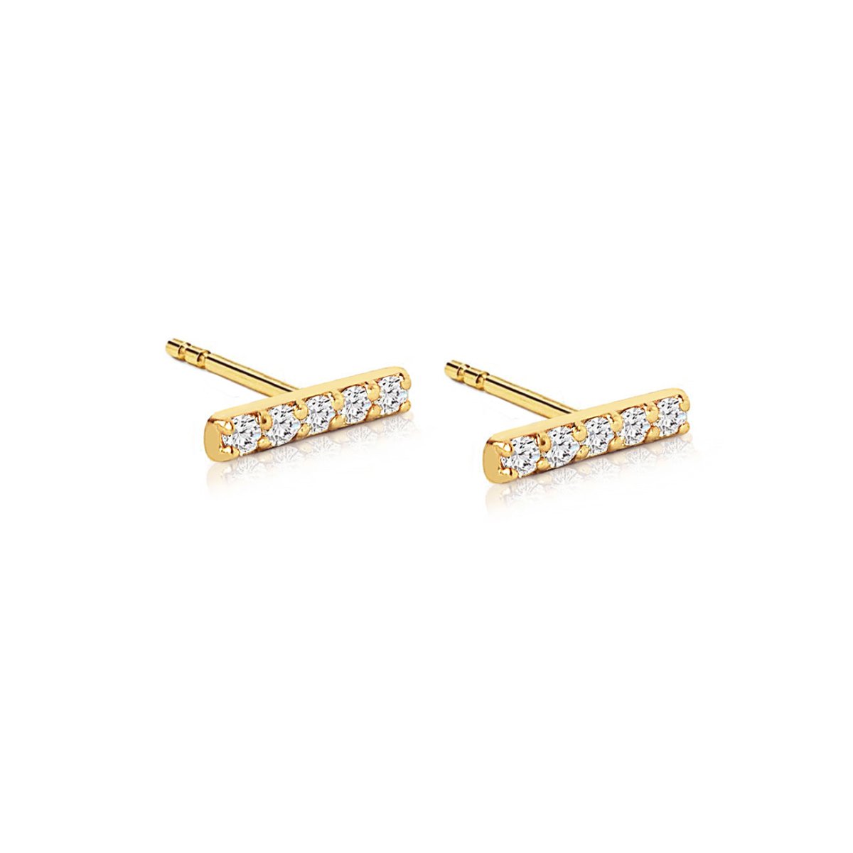 Pair of 14K gold bar studs each set with five round diamonds, on a white background