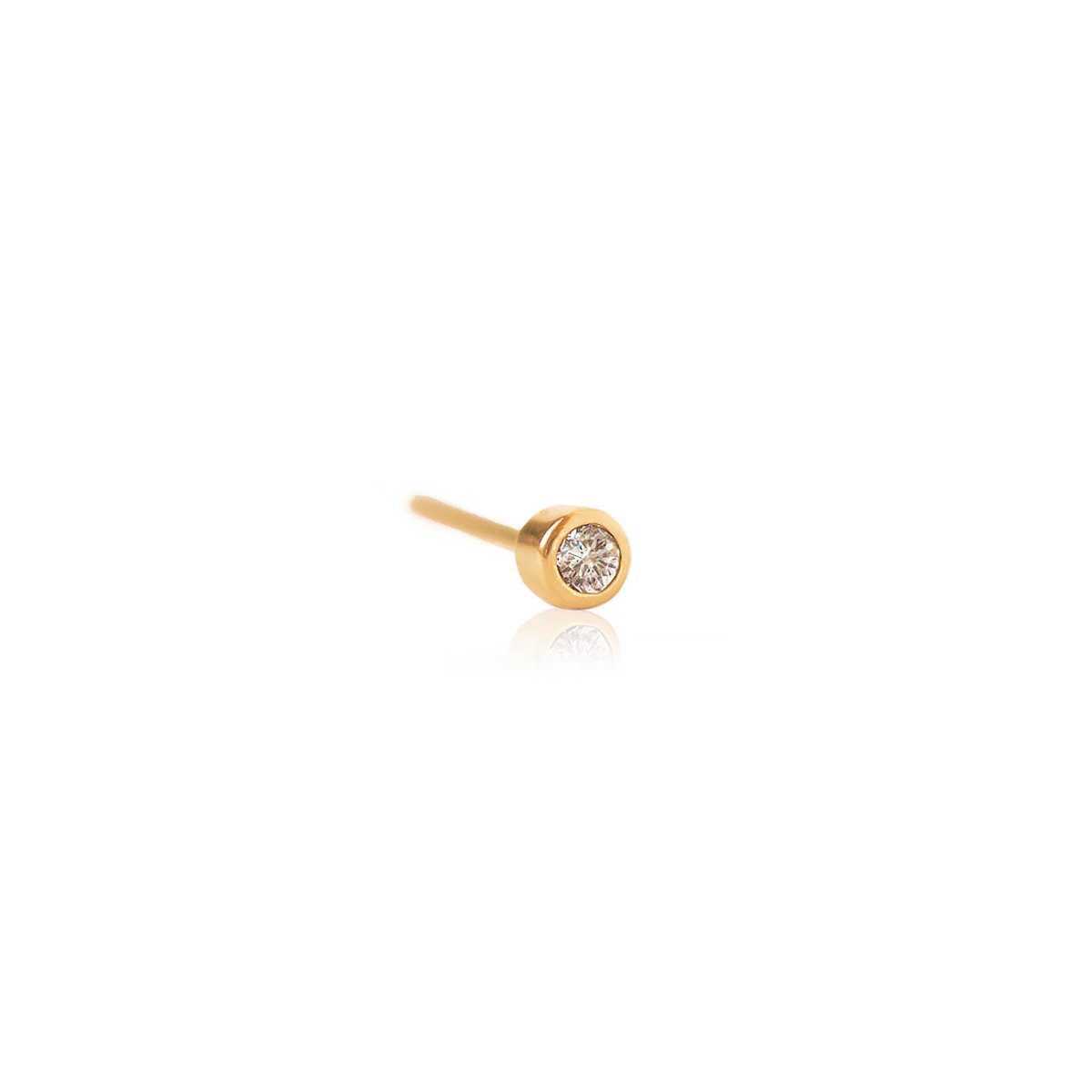14K gold mini bezel single stud with a round natural diamond, on a white background