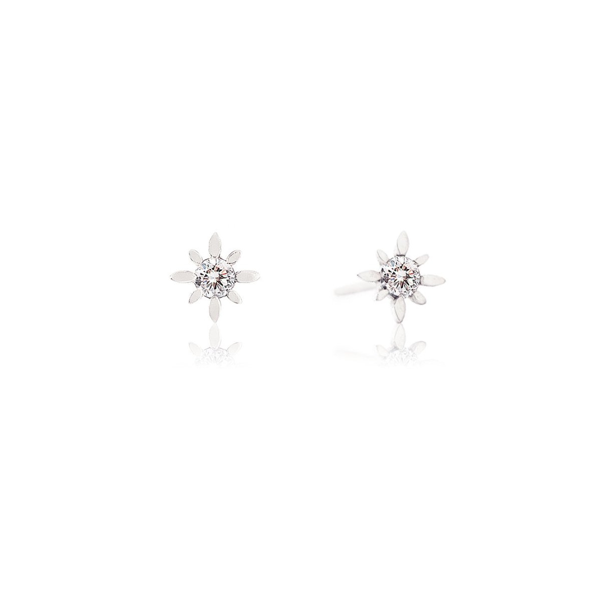 Pair of 14K white gold flower-burst studs with white zirconia stones, on a white background