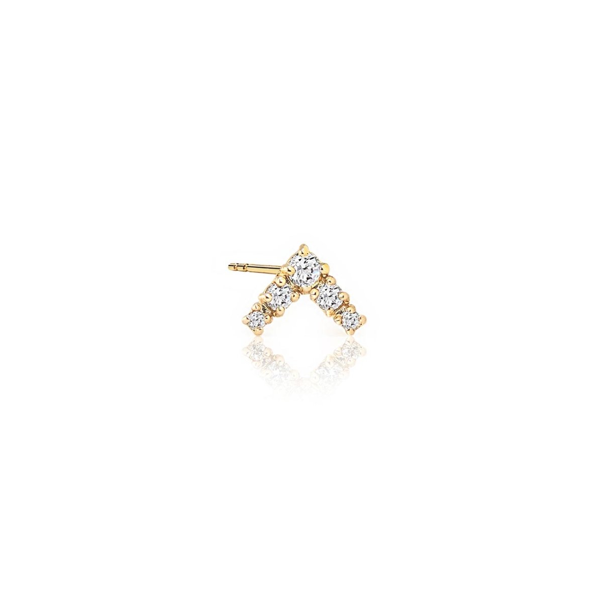 14K gold V-shaped chevron stud with round clear diamonds, on a white background