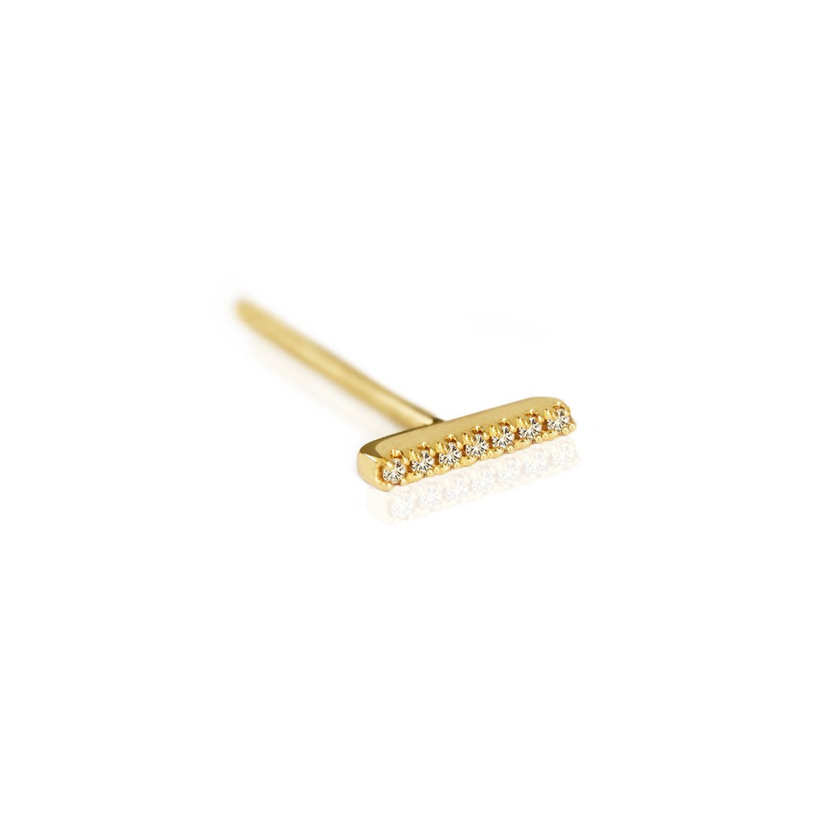 14K gold single bar stud earring with a row of small round diamonds, on a white background