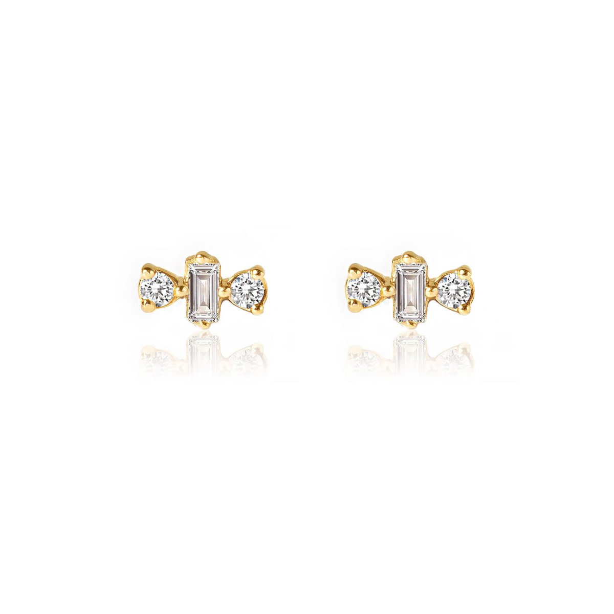Pair of 14K gold studs each with a diamond baguette and two round diamonds, on a white background