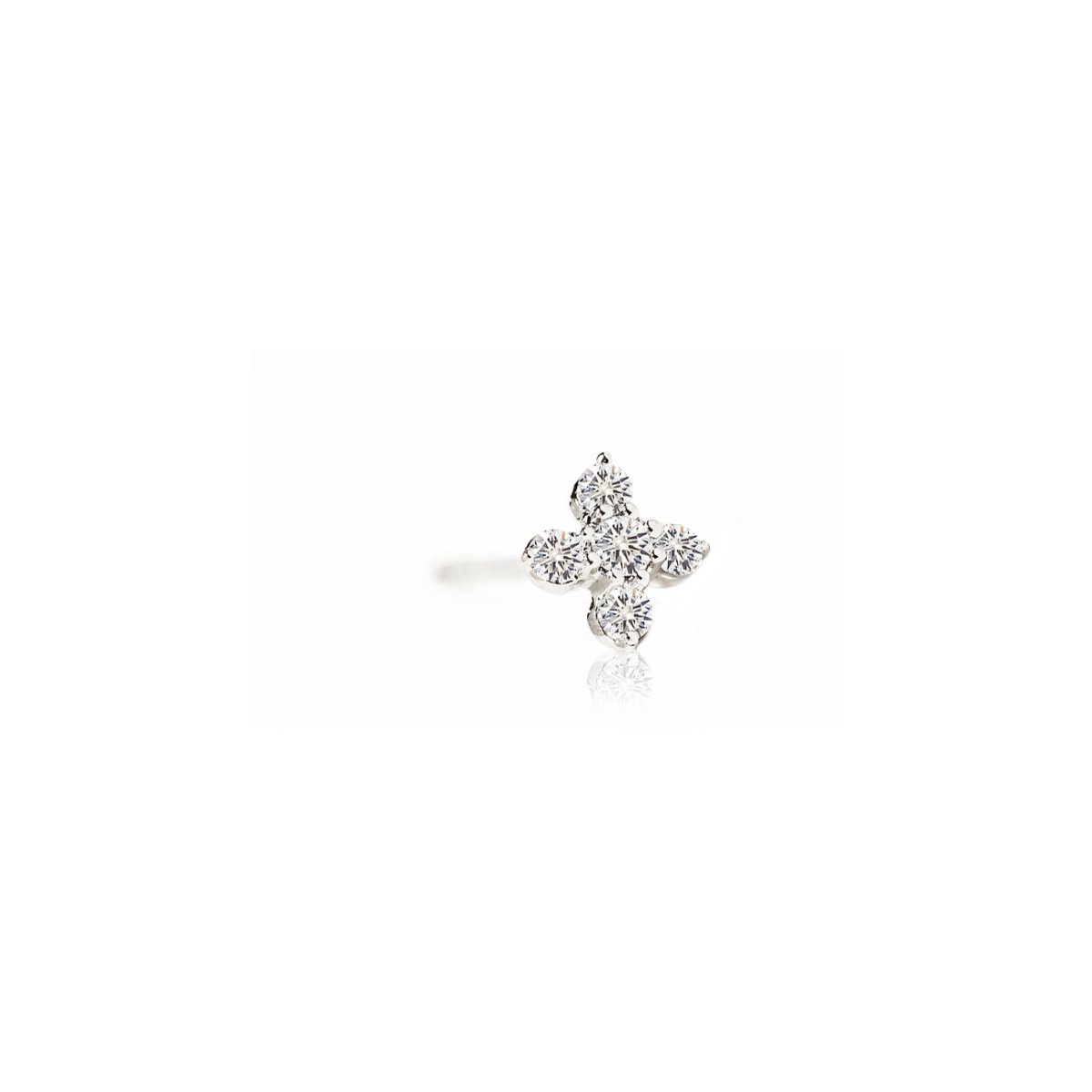 14K white gold four-petal diamond fleur single stud earring on a white background
