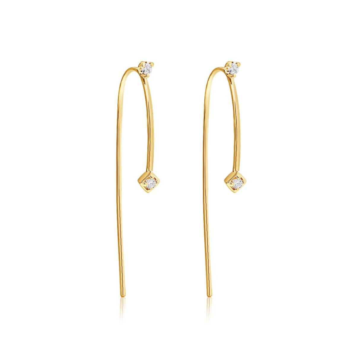 14K gold double threader earrings with two small round diamonds, on a white background