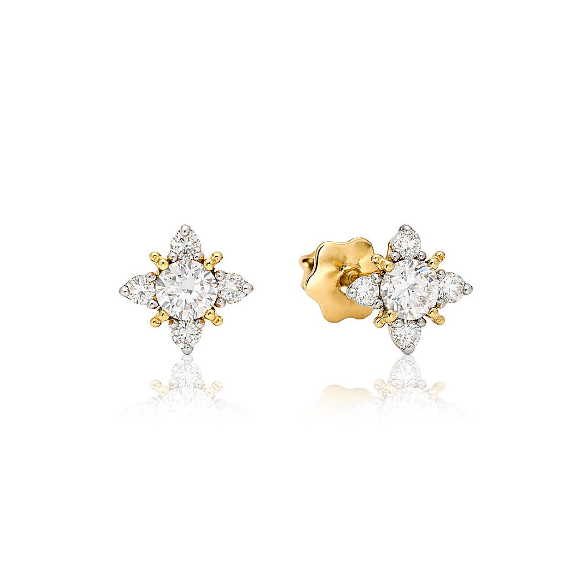 Pair of 14K gold starburst studs clustered with natural diamonds, front and side view on white background