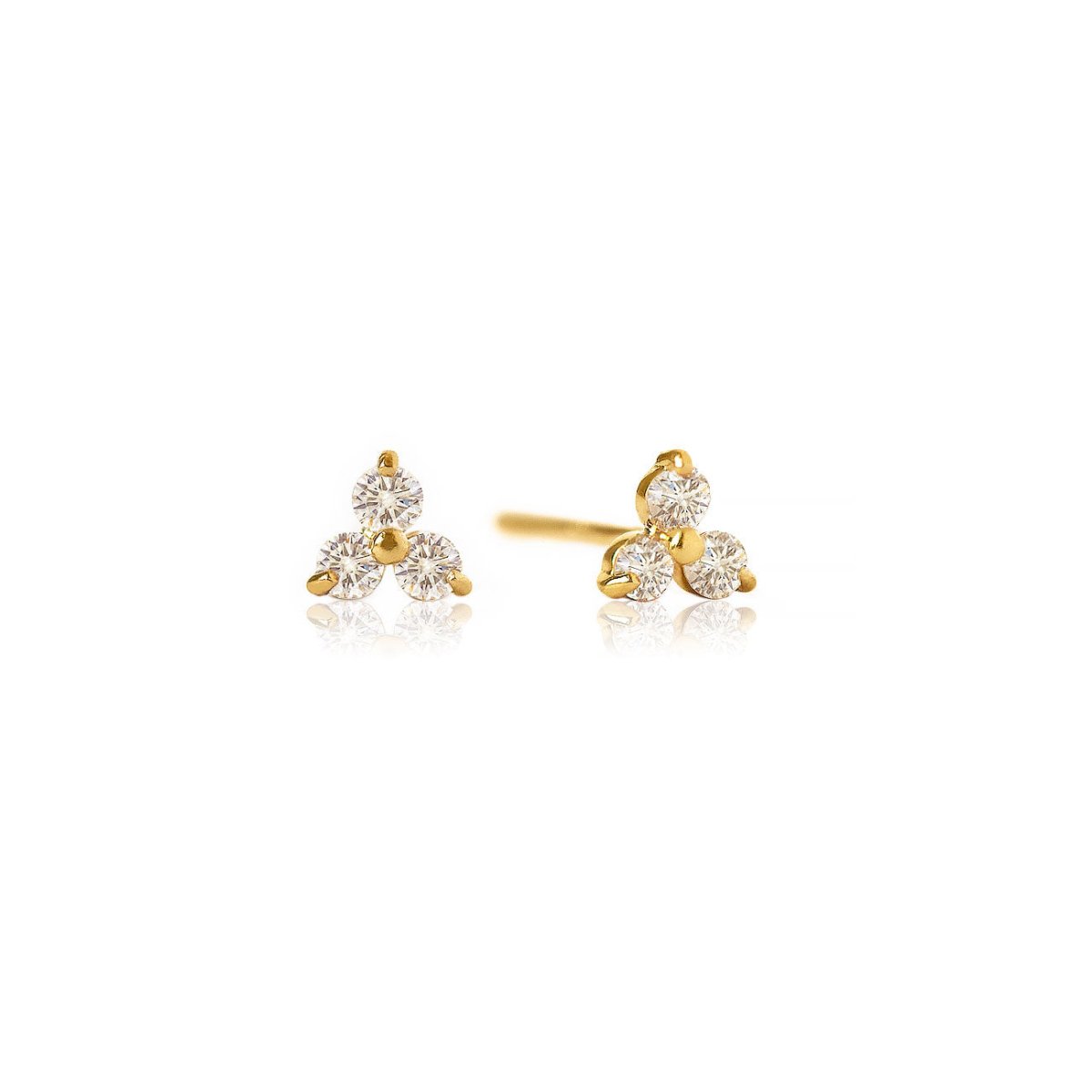 14K gold diamond clover studs, each with three round diamonds in a trefoil cluster, on a white background