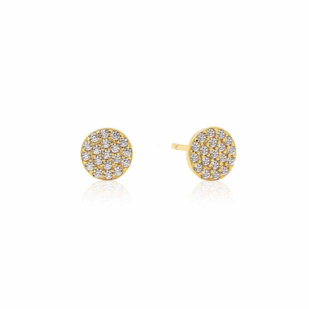 Pair of 14K gold pavé disc studs with round clear stones, on a white background