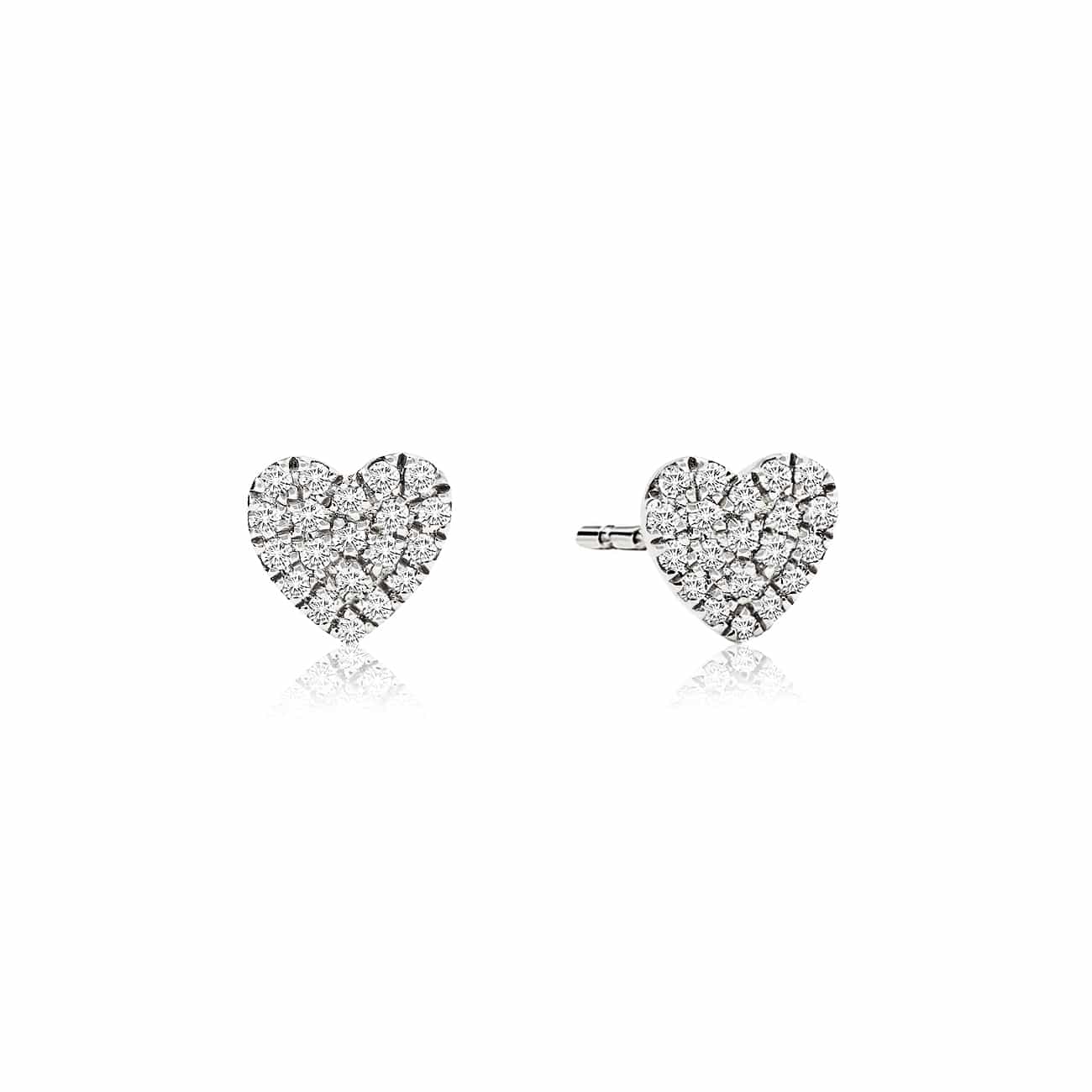 Pair of 14K white gold pave diamond heart studs, front and side view, on a white background
