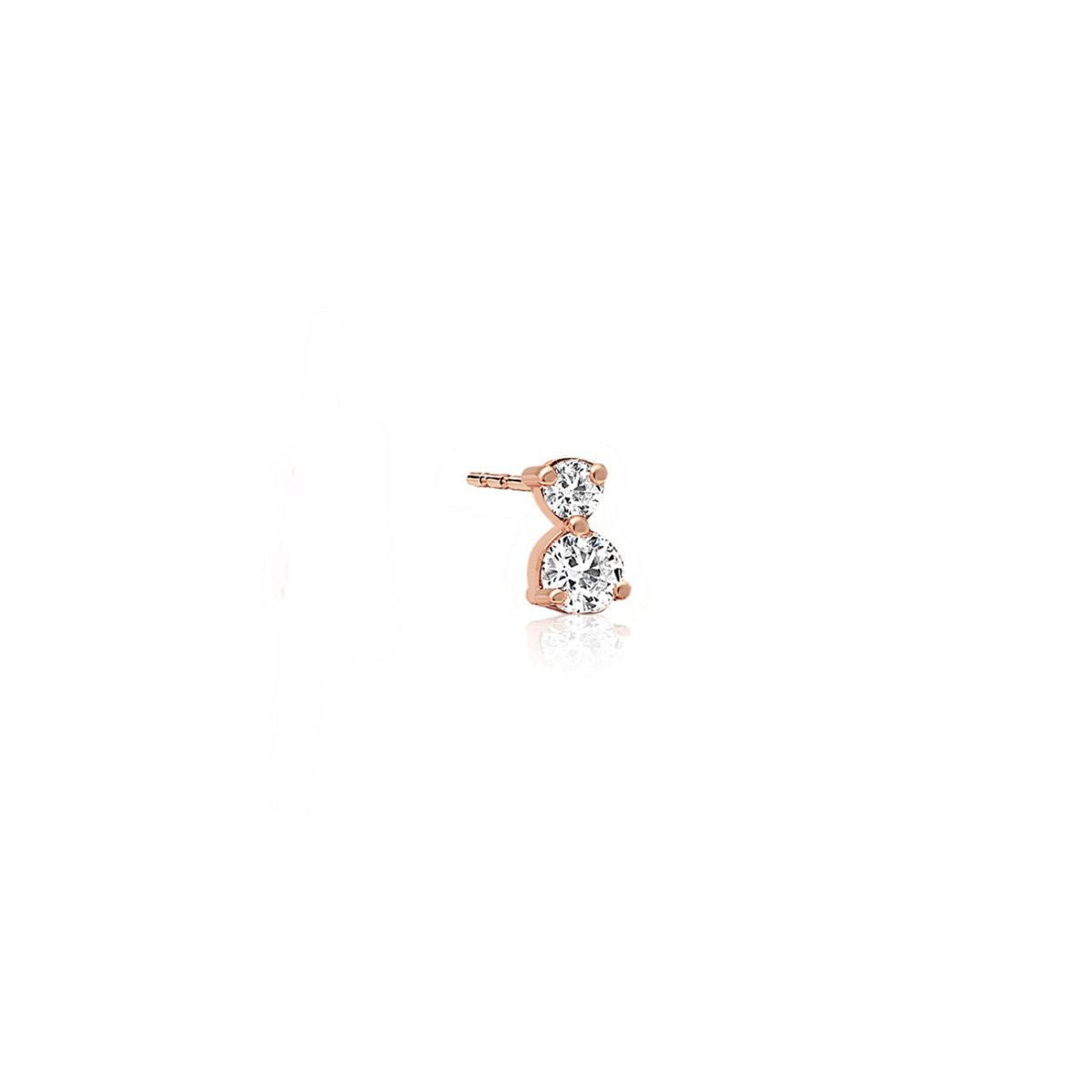 14K rose gold two-diamond single stud with two round prong-set stones, on a white background