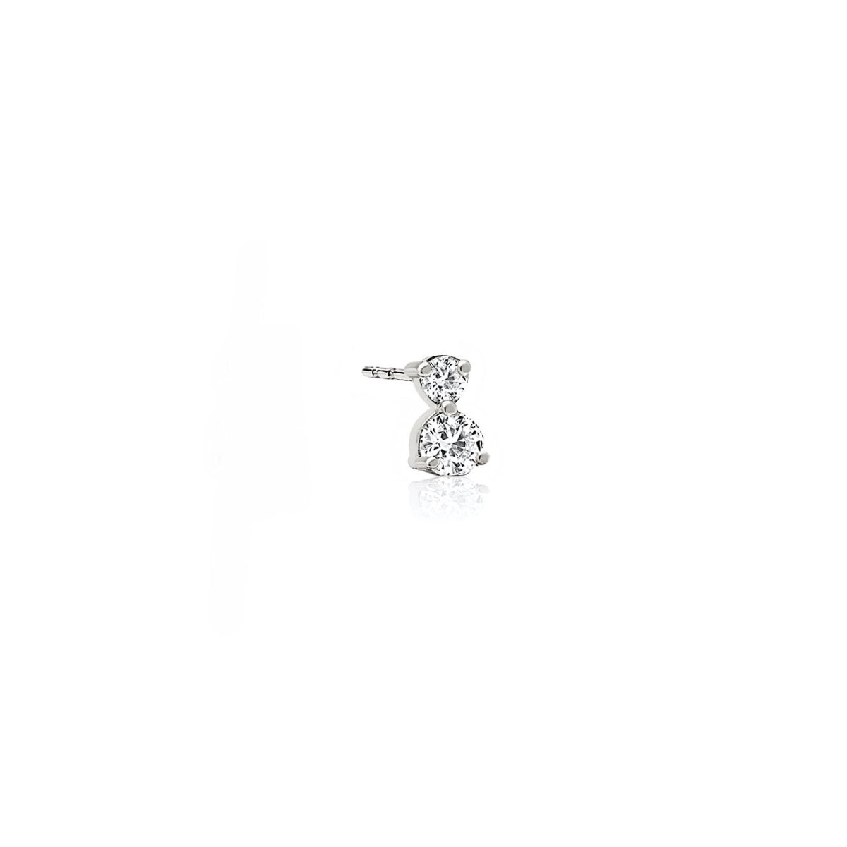 14K white gold two-diamond single stud with two round prong-set stones, on a white background