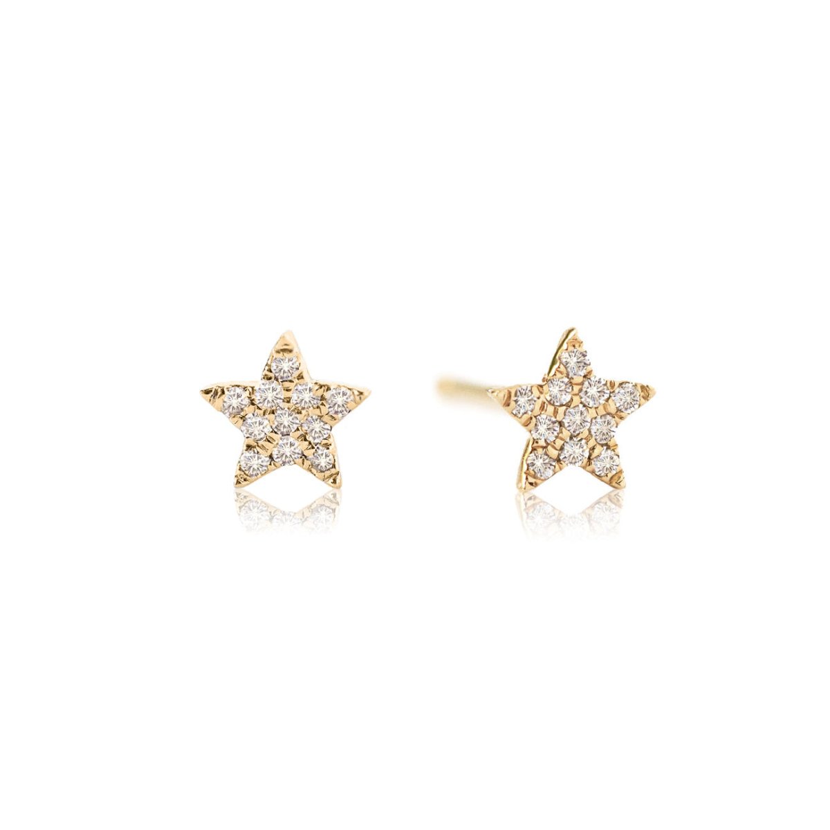 Pair of 14K gold pave diamond star studs, front and side view, on a white background