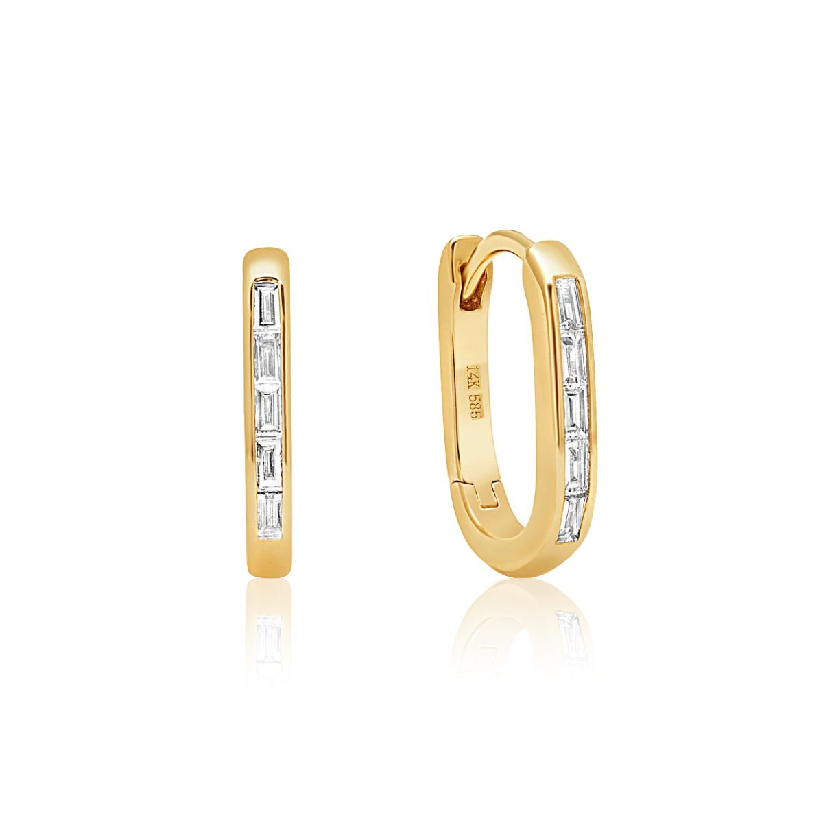 14K gold oval huggie hoops channel-set with baguette natural diamonds, front and side, on a white background