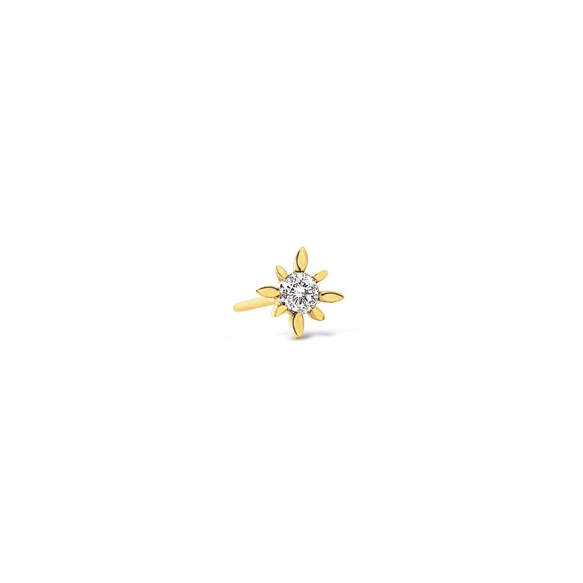 Single 14K gold starburst stud with a round clear zirconia center, on a white background