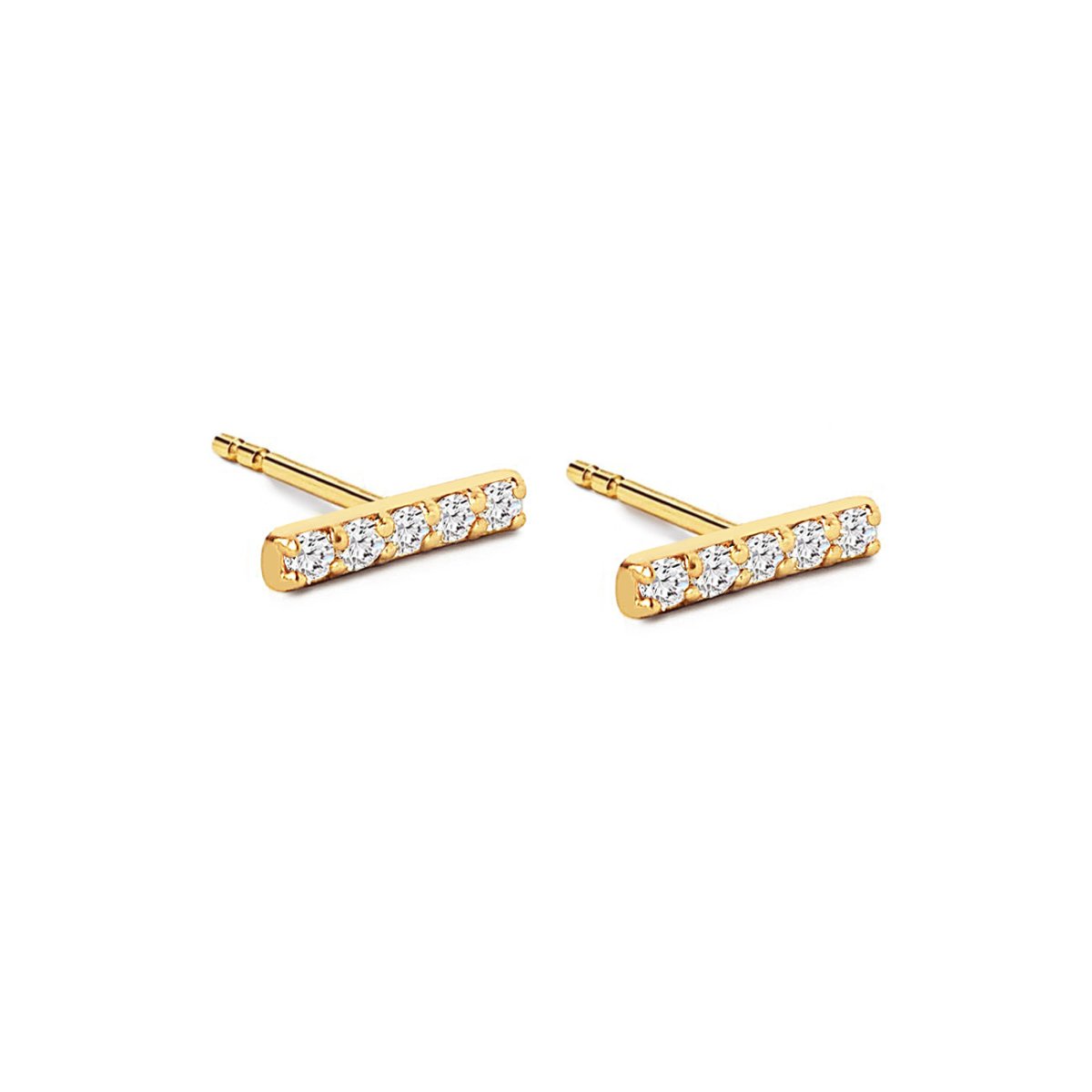 Gold vermeil pave bar stud earrings with a row of clear stones, on a white background