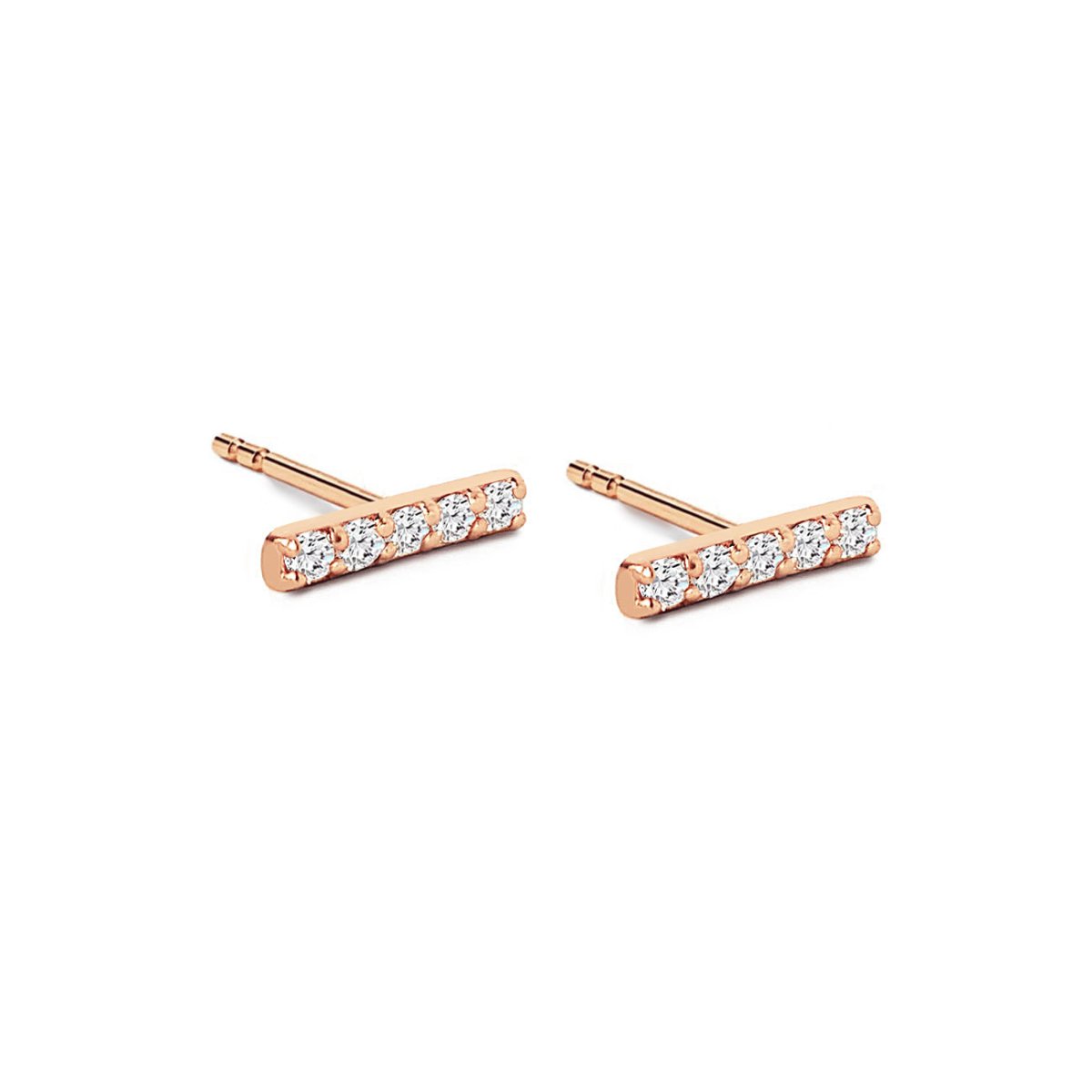 Rose gold vermeil pave bar stud earrings with a row of clear stones, on a white background