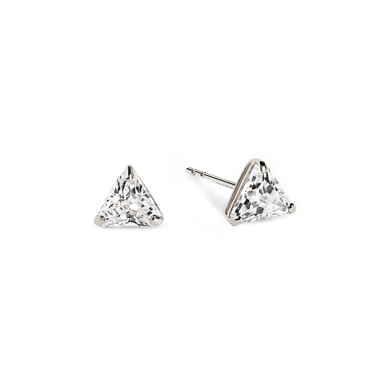 14K white gold triangle stud earrings with white zirconia, front and side view, on a white background