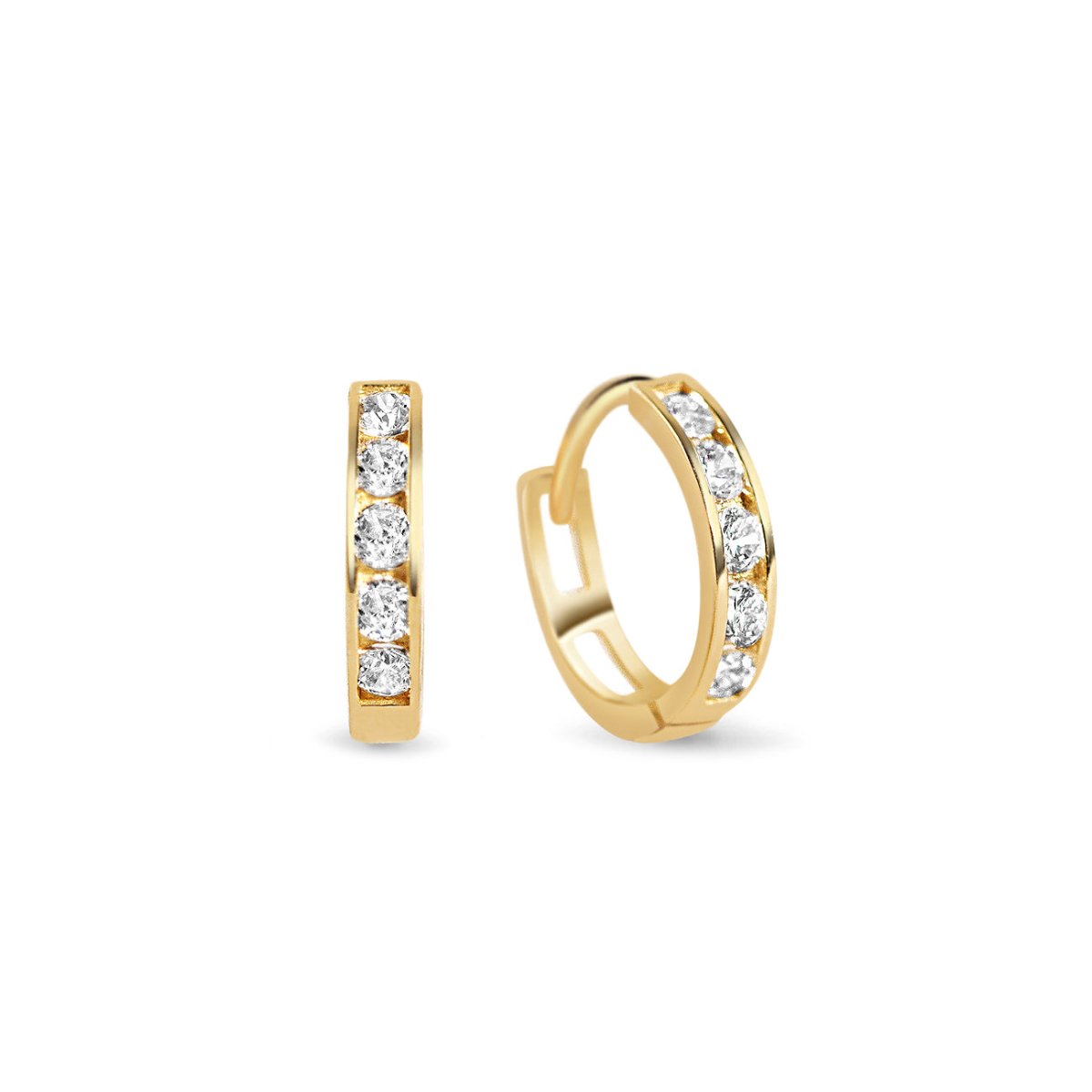 14K gold pavé huggie hoops with round clear cubic zirconia, on a white background
